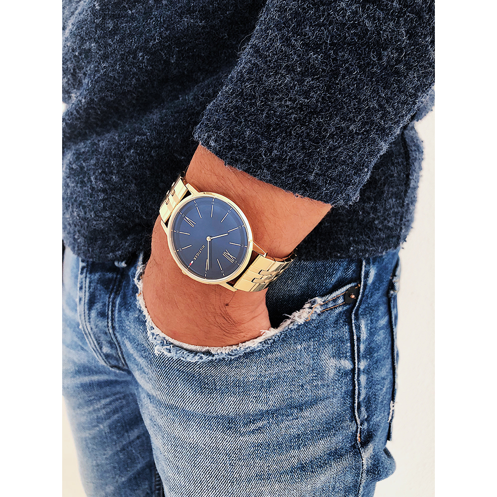 gold and blue tommy hilfiger watch